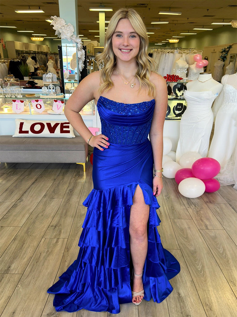 Pink Mermaid Strapless Satin Tiered Long Prom Dress with Sequins