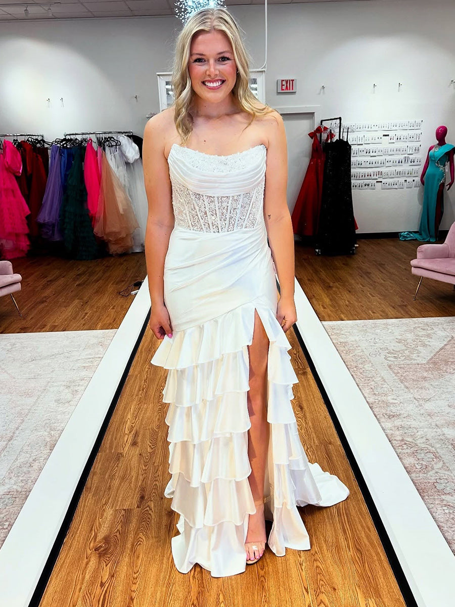 Pink Mermaid Strapless Satin Tiered Long Prom Dress with Sequins