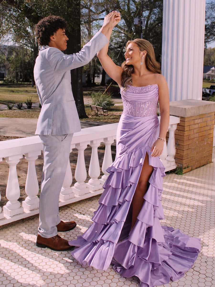 Pink Mermaid Strapless Satin Tiered Long Prom Dress with Sequins