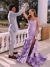 Pink Mermaid Strapless Satin Tiered Long Prom Dress with Sequins