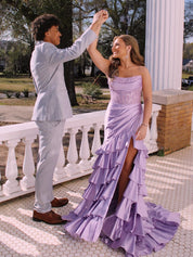 Pink Mermaid Strapless Satin Tiered Long Prom Dress with Sequins