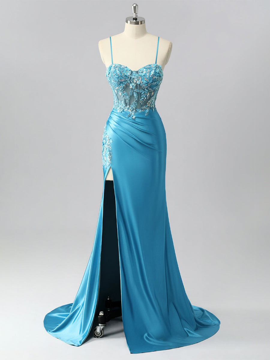 Mermaid Sweetheart Sequins Tie Back Corset Long Prom Dress with Slit