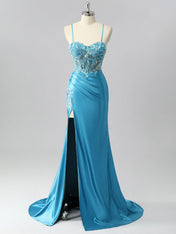 Mermaid Sweetheart Sequins Tie Back Corset Long Prom Dress with Slit