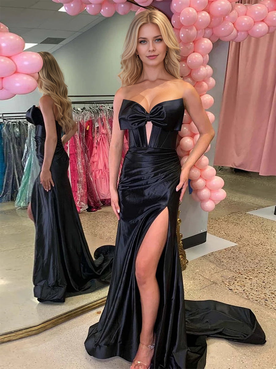 Mermaid Sweetheart Strapless Satin Long Prom Dress with Bowknot