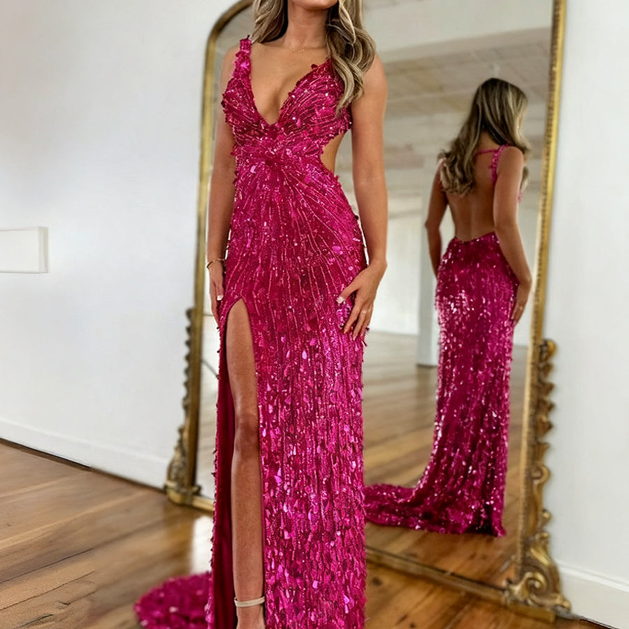 Mermaid V-Neck Backless Short Tight Sequin Prom Dress