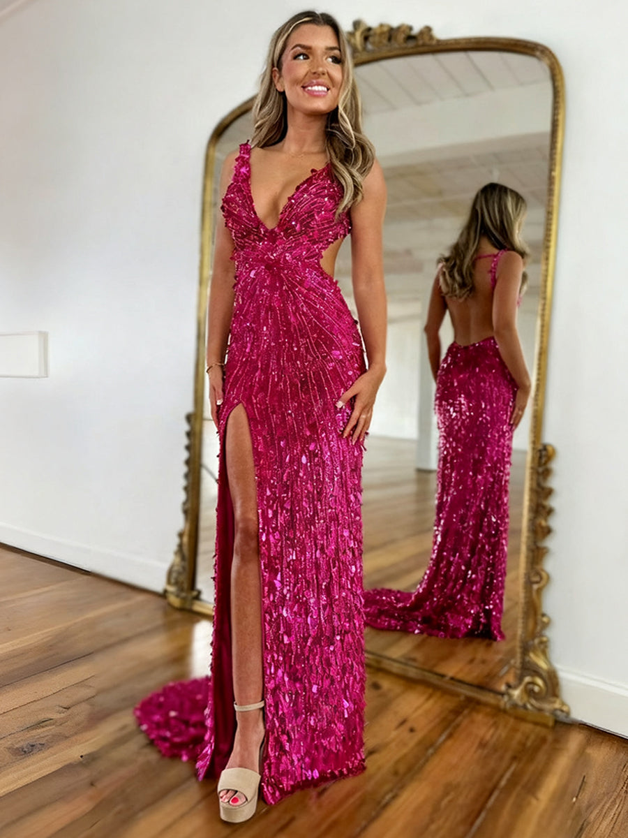 Dreamylily Prom Dress Mermaid V-Neck Backless Long Tight Sequin Ball Gown