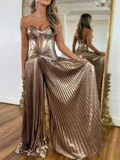 Metallic Bronze Pleated Strapless Corset Long Prom Dress with Slit