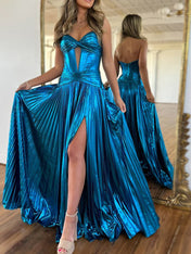 Metallic Bronze Pleated Strapless Corset Long Prom Dress with Slit