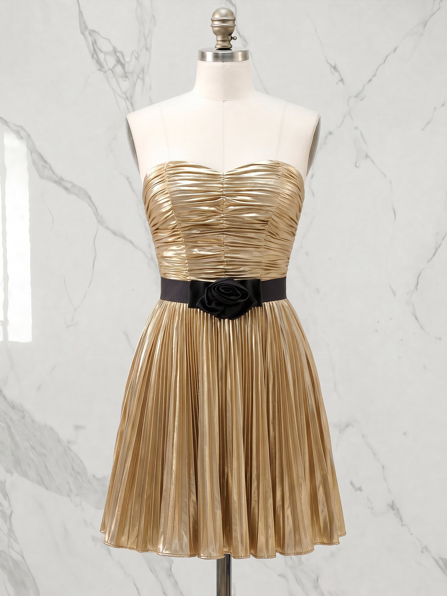 Metallic Gold Pleated Strapless Short Homecoming Dress with Black Rose Bow