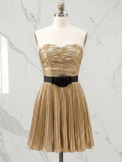 Metallic Gold Pleated Strapless Short Homecoming Dress with Black Rose Bow