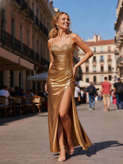 Metallic Gold Spaghetti Strap Ruched Bodice Prom Dress