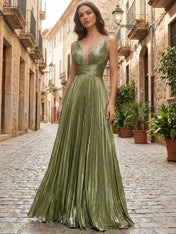 Metallic Olive Green Pleated A-Line Long Prom Dress