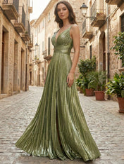 Metallic Olive Green Pleated A-Line Long Prom Dress