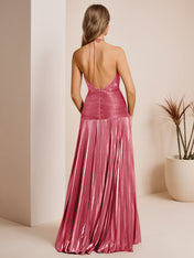 Metallic Olive Green Pleated Halter Prom Dress with High Slit