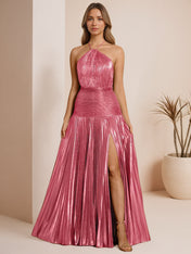 Metallic Olive Green Pleated Halter Prom Dress with High Slit