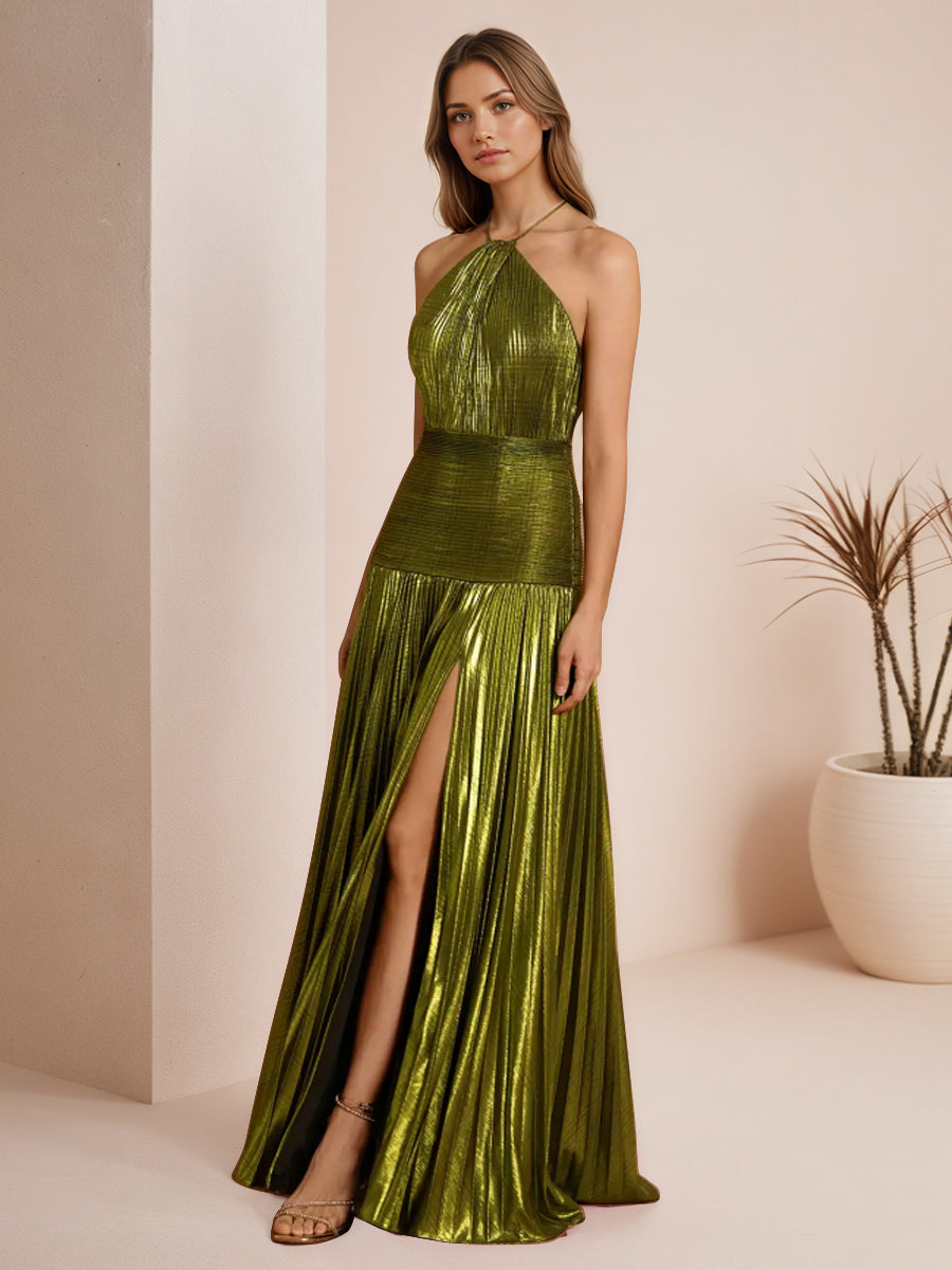 Metallic Olive Green Pleated Halter Prom Dress with High Slit