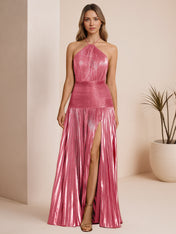 Metallic Olive Green Pleated Halter Prom Dress with High Slit