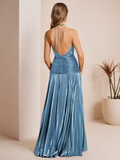 Metallic Olive Green Pleated Halter Prom Dress with High Slit
