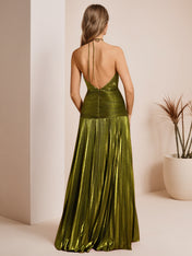 Metallic Olive Green Pleated Halter Prom Dress with High Slit