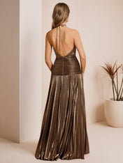 Metallic Olive Green Pleated Halter Prom Dress with High Slit