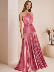 Metallic Olive Green Pleated Halter Prom Dress with High Slit