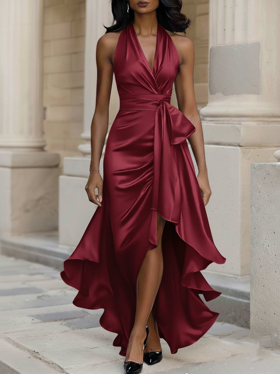 Dreamylily Women Midnight Elegance Satin Halter Ruffle Gown Dreamylily Women Midnight Elegance Satin Halter Ruffle Gown