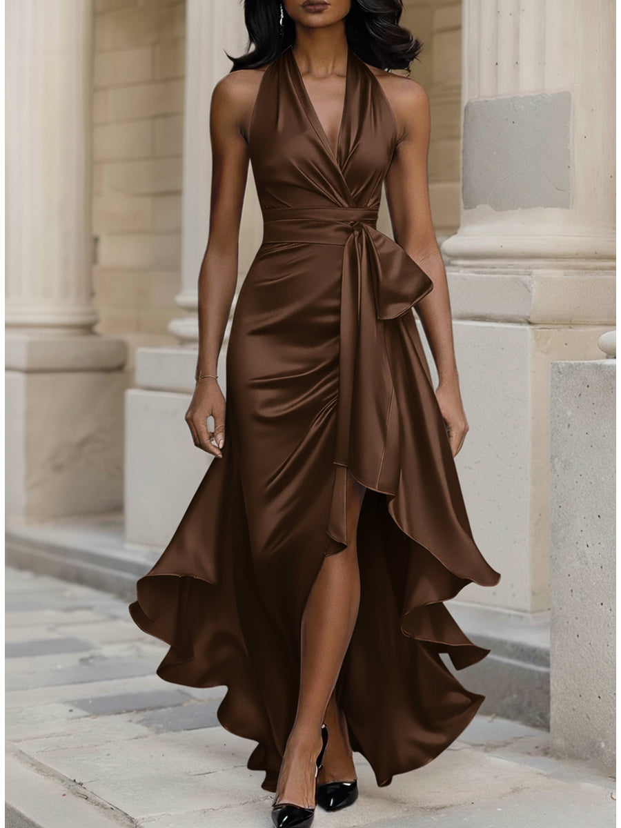 Dreamylily Women Midnight Elegance Satin Halter Ruffle Gown Dreamylily Women Midnight Elegance Satin Halter Ruffle Gown