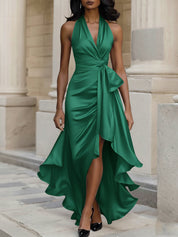 Midnight Elegance Satin Halter Ruffle Gown