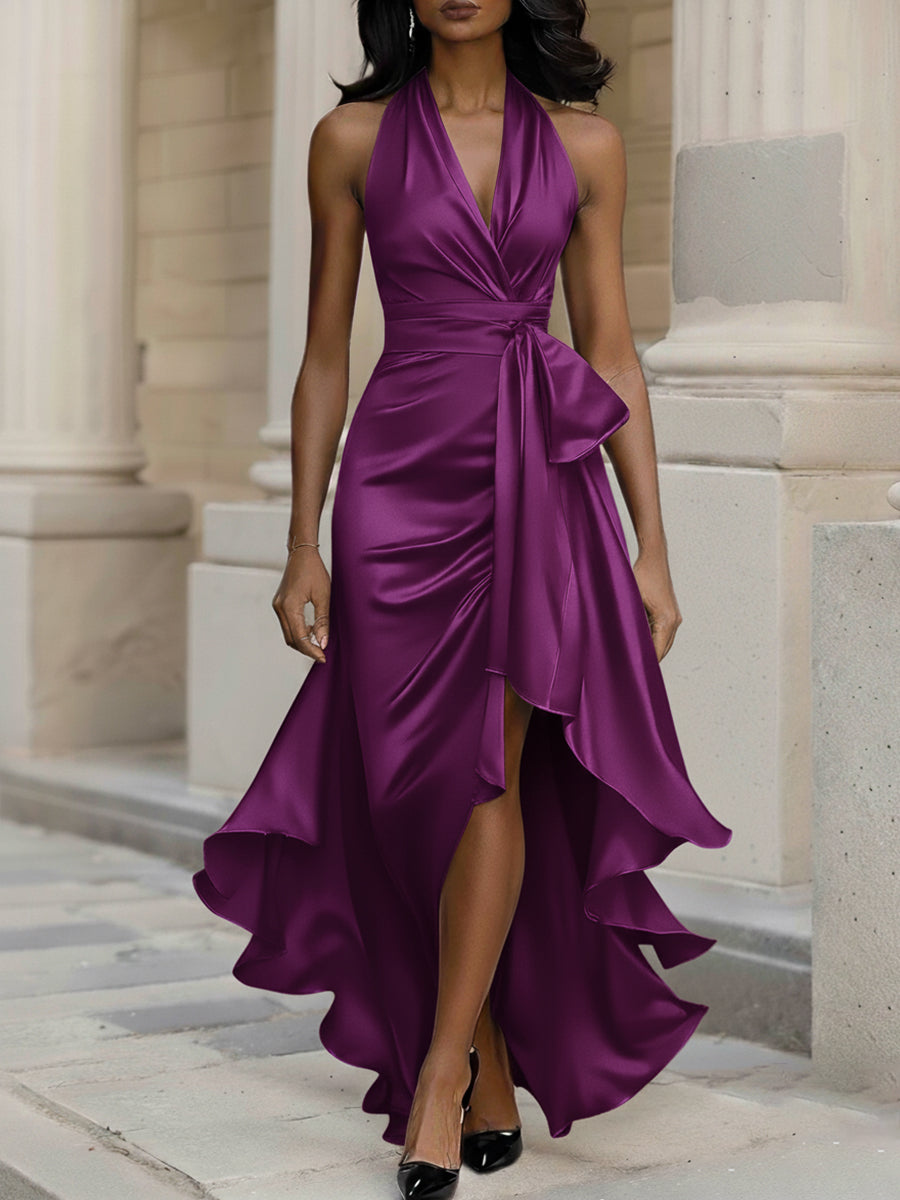 Midnight Elegance Satin Halter Ruffle Gown