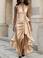 Midnight Elegance Satin Halter Ruffle Gown