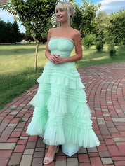 Mint Green A-Line Strapless Scoop Neck Tiered Tulle Prom Dress