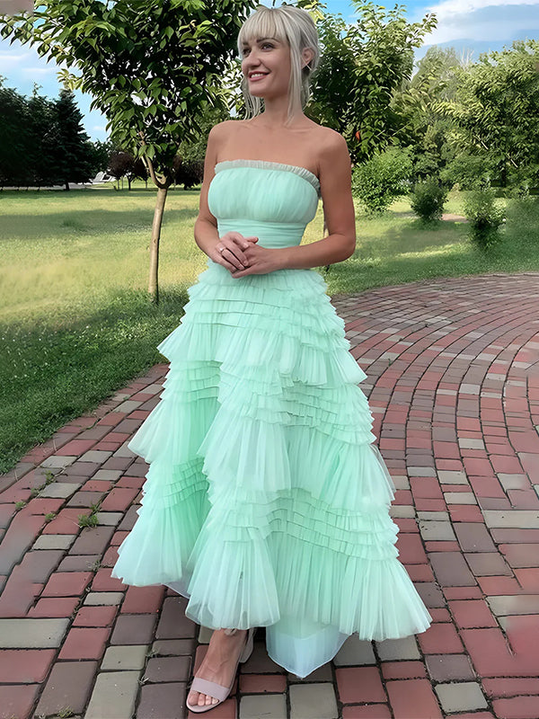 Mint Green A-Line Strapless Scoop Neck Tiered Tulle Prom Dress