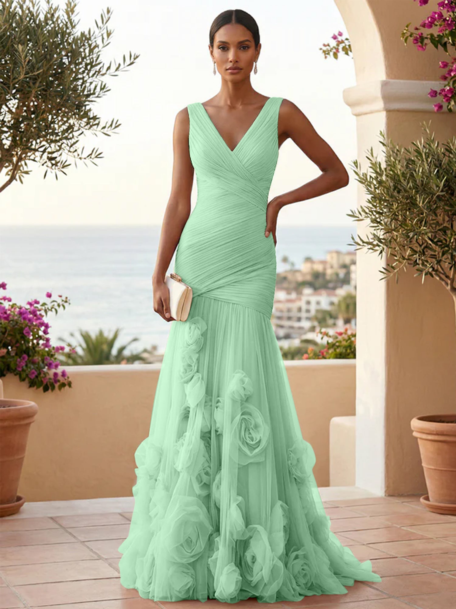 Sweetheart Tulle V Neck Pleat Mermaid Evening Dresses with 3D Flower