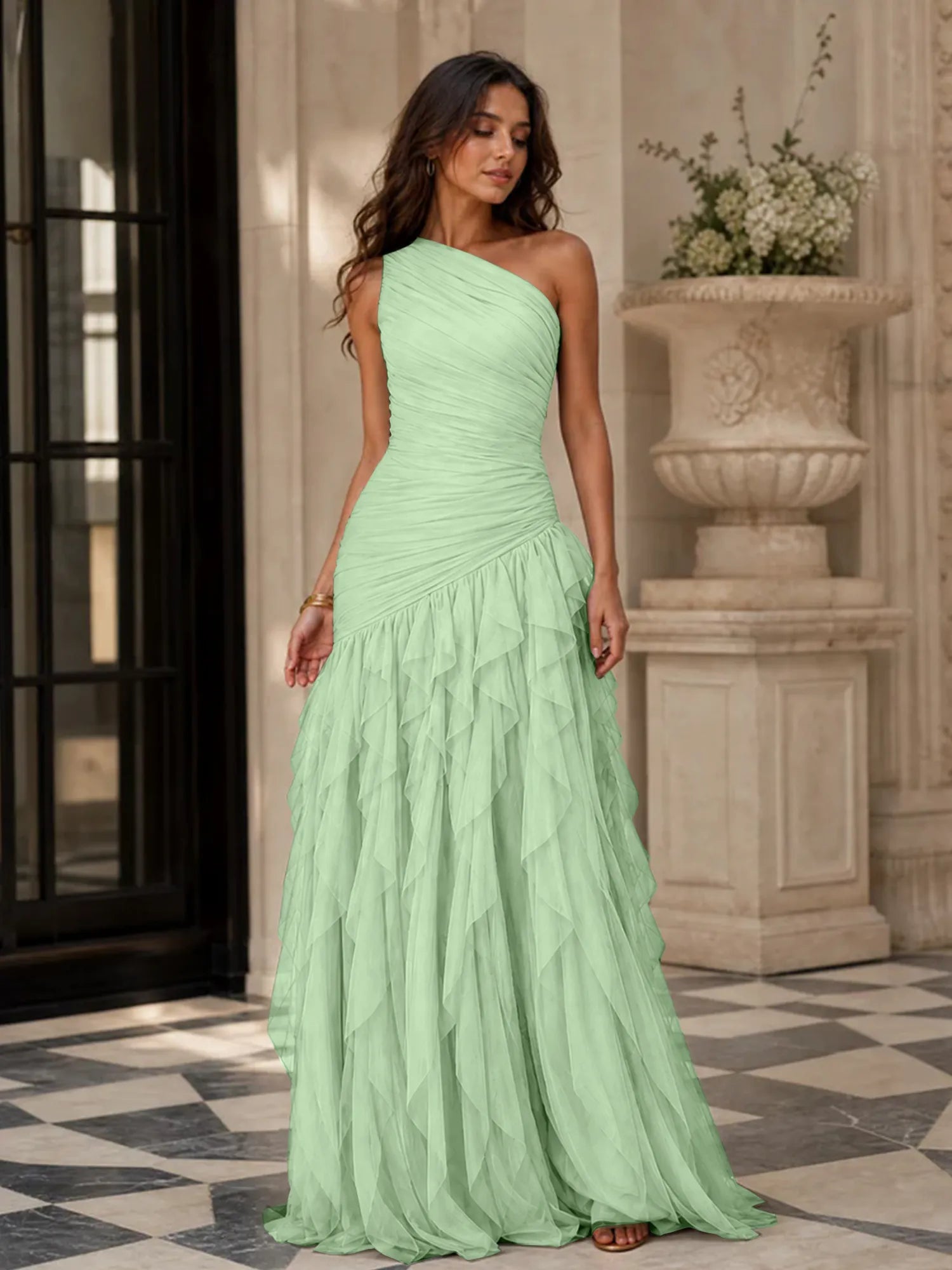 Emerald Green One-Shoulder Ruched Asymmetric Ruffle Chiffon Floor-Length Gown Dress