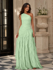 Emerald Green One-Shoulder Ruched Asymmetric Ruffle Chiffon Floor-Length Gown Dress