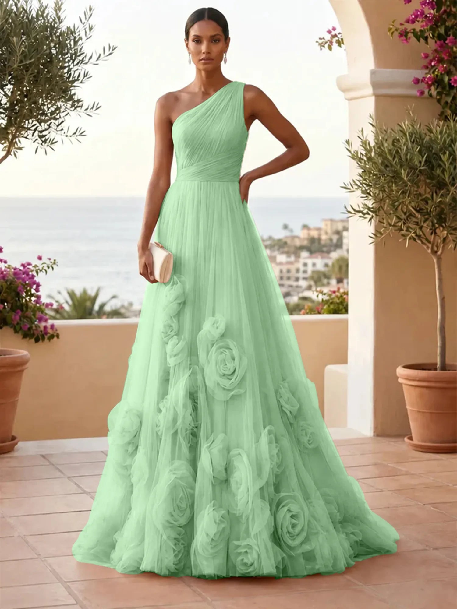 One-Shoulder Sweetheart Tulle Ball Gown with 3D Floral Accents Evening Dresses