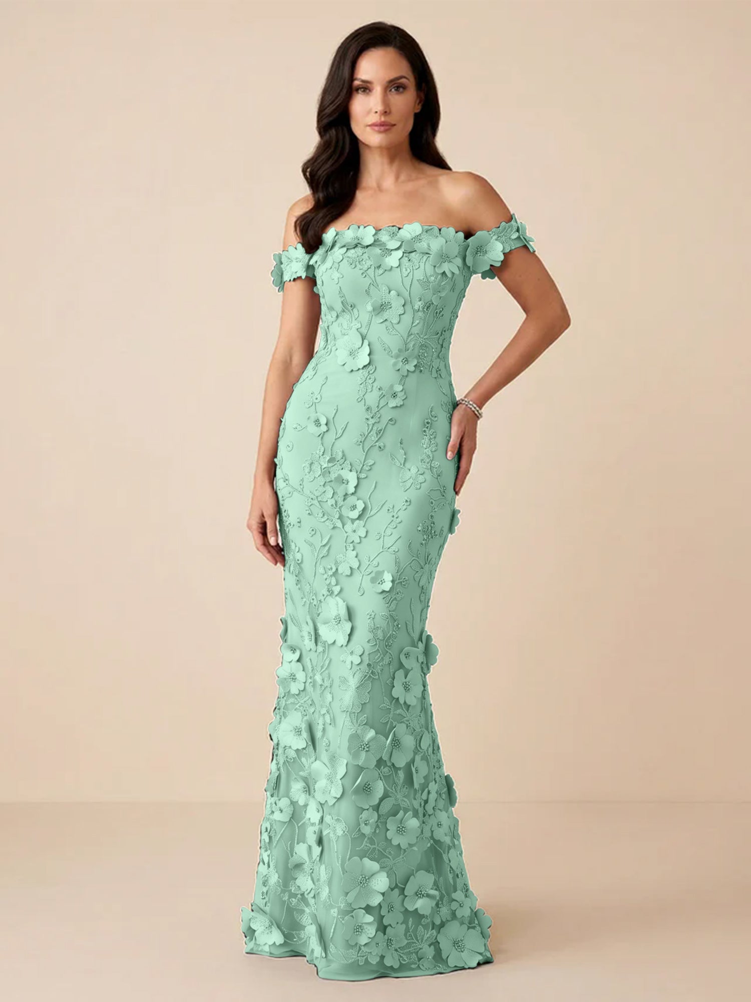 Black Off-the-Shoulder 3D Floral Mermaid Formal Gown Evening Dress