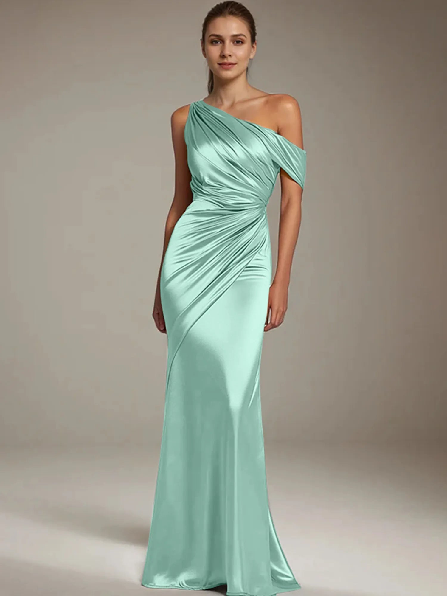 Formal Party Satin Dress Silver One-Shoulder Pleated  Floor-Length Dress