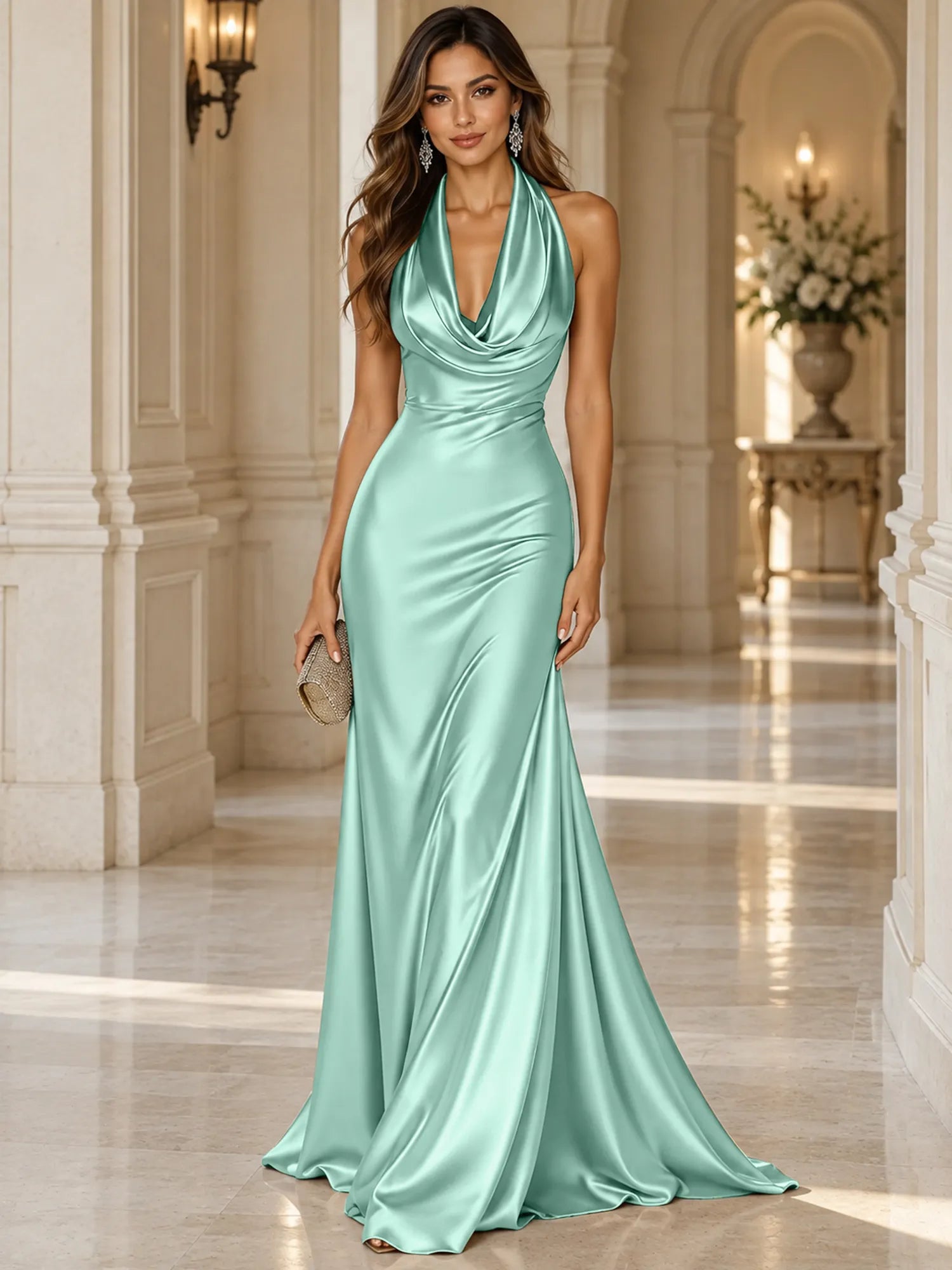 Elegant and Luxurious Cowl-neck Champagne Gold Satin Maxi Dress