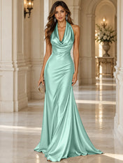 Elegant and Luxurious Cowl-neck Champagne Gold Satin Maxi Dress