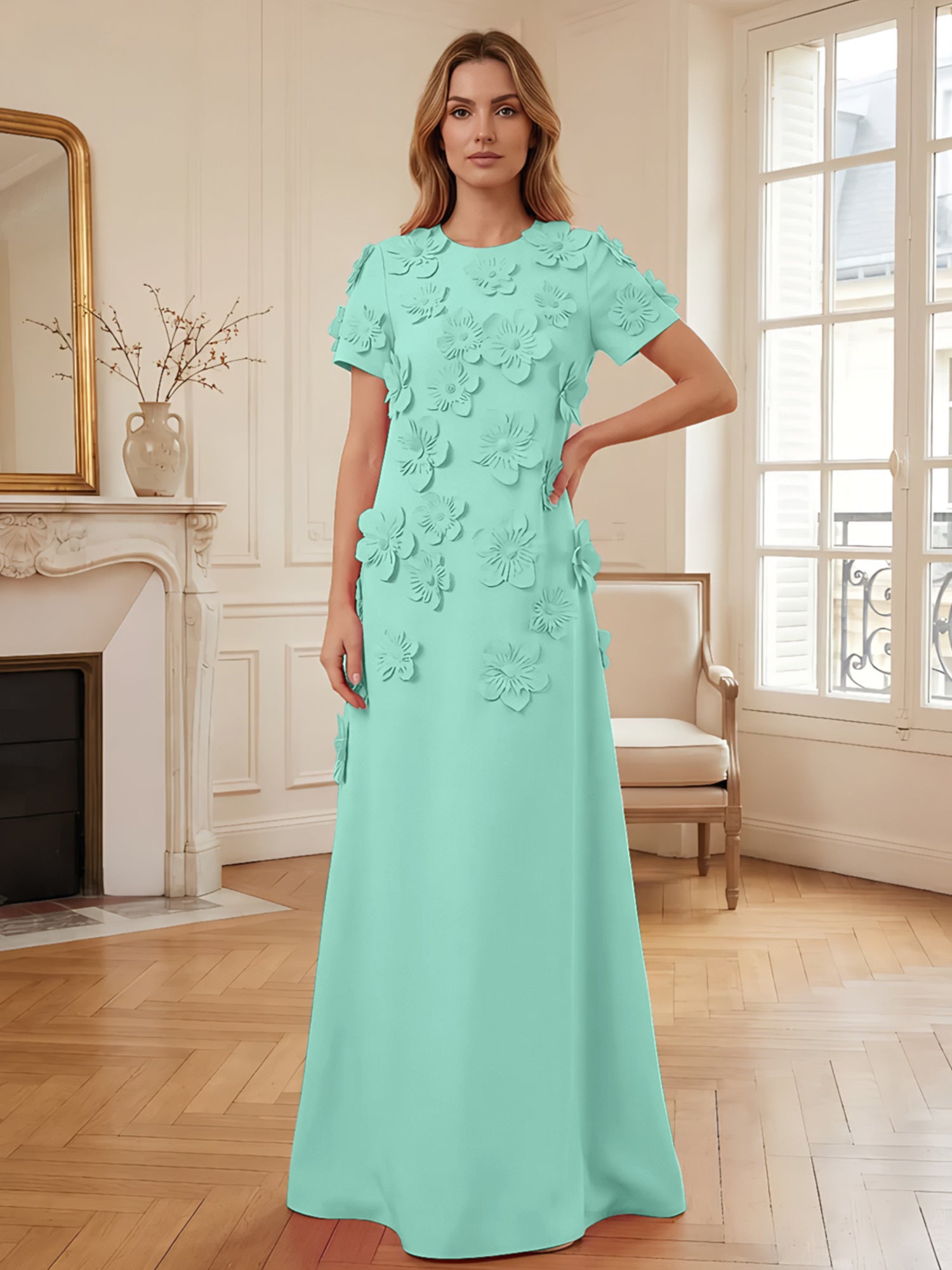 Short Sleeve Crew Neck A-Line Gown with 3D Floral Appliques Evening Dresses