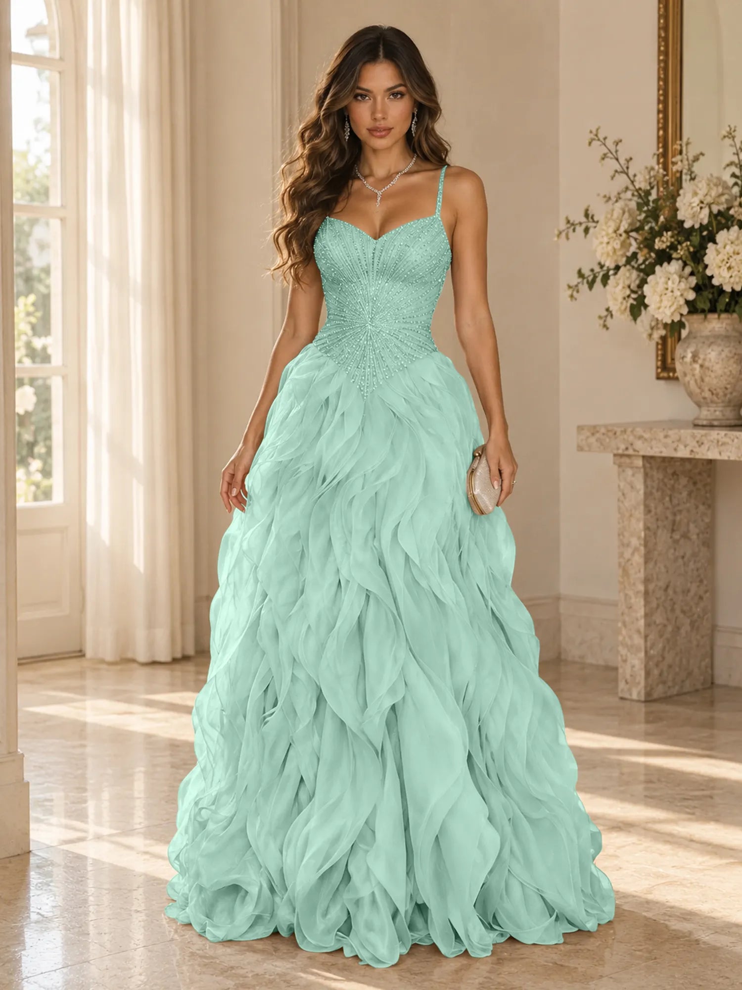 Elegant Beaded Spaghetti Strap Tiered Ruffle Ball Gown Evening Dress