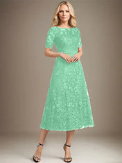 A-line Scoop Illusion Tea-Length Lace Mother of the Bride Dress With Sequins