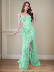 Red Off-the-Shoulder Beaded Tulle Long Prom Dress with Swirling Sequins