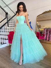 Mint Green A Line Straplesss Tulle Tiered Prom Dress