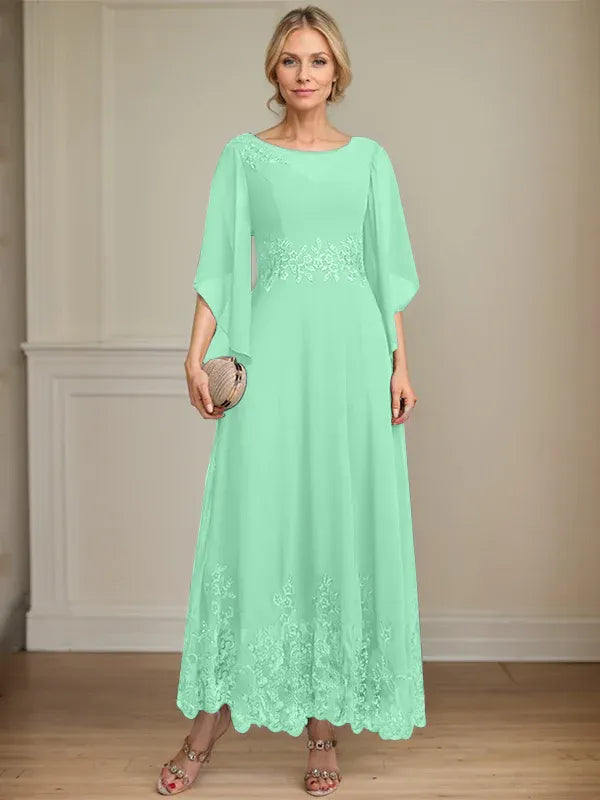 Robe de mère de la mariée trapèze en mousseline de soie et dentelle, longueur cheville, décolleté en V, illusion, avec paillettes 