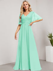 A-line V-Neck Floor-Length Lace Chiffon Mother of the Bride Dress With Sequins