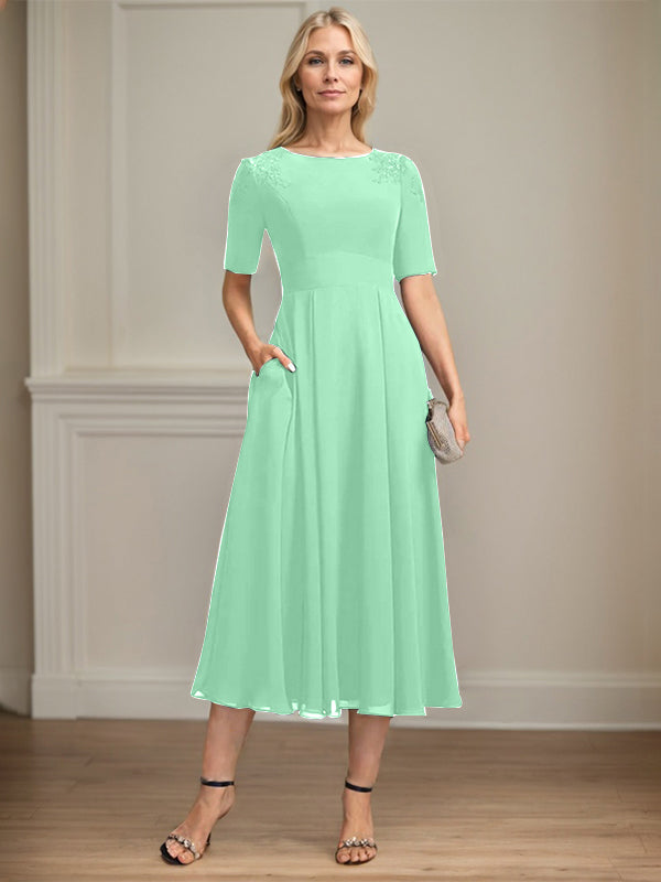 A-line Scoop Tea-Length Chiffon Mother of the Bride Dress With Appliques Lace Sequins