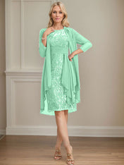 Sheath/Column Scoop Illusion Knee-Length Lace Chiffon Mother of the Bride Dress With Cascading Ruffles Sequins