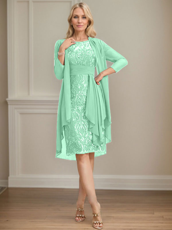 Column Scoop Illusion Knee-Length Lace Chiffon Mother of the Bride Dress With Cascading Ruffles Sequins